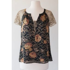 Anthropologie Disa Velvet Floral Metallic Lace Top
